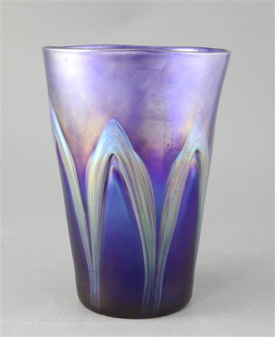 A Loetz blue iridescent glass tapered cylindrical vase, c.1930s, height 24cm